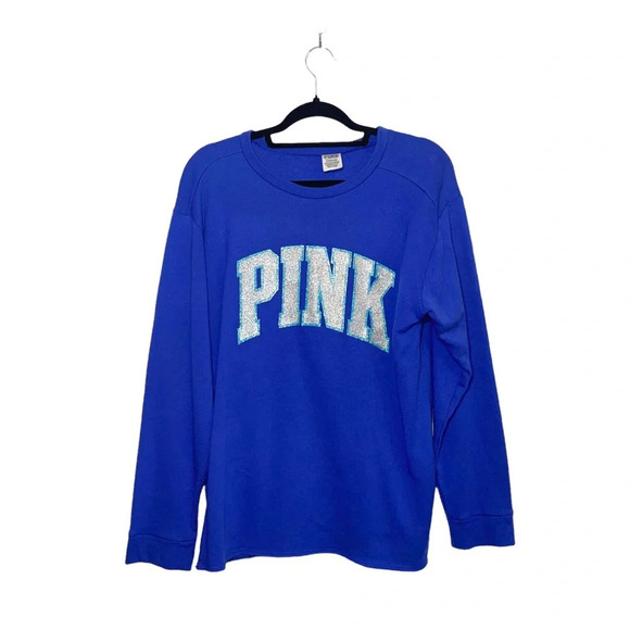 PINK Victoria’s Secret Blue & Silver Glitter Logo Sweatshirt Small Women’s - Picture 1 of 12